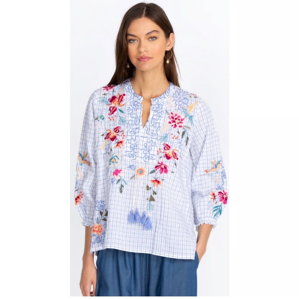 Johnny Was Women’s Miro Tassle Embroidered Cotton Blouse Size xl hummingbird